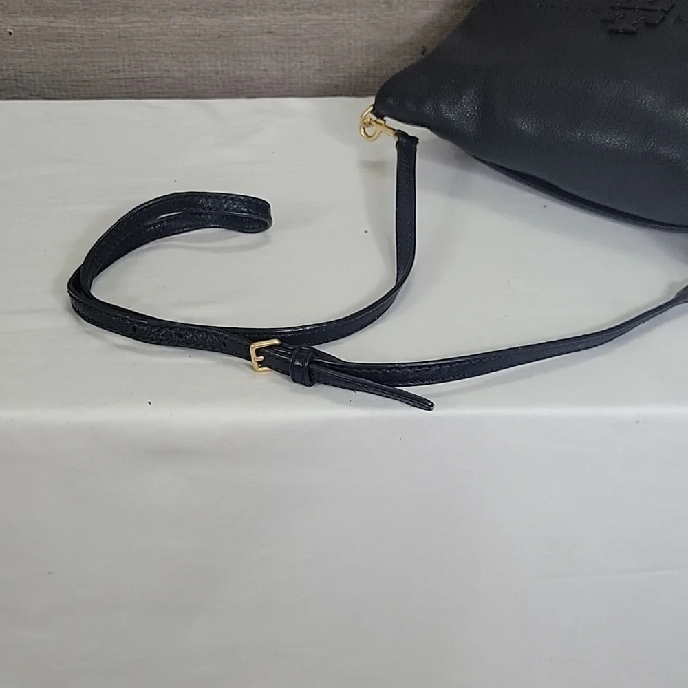 Tory Burch McGraw Black Pebble Leather Fold Over Crossbody Shoulder Bag